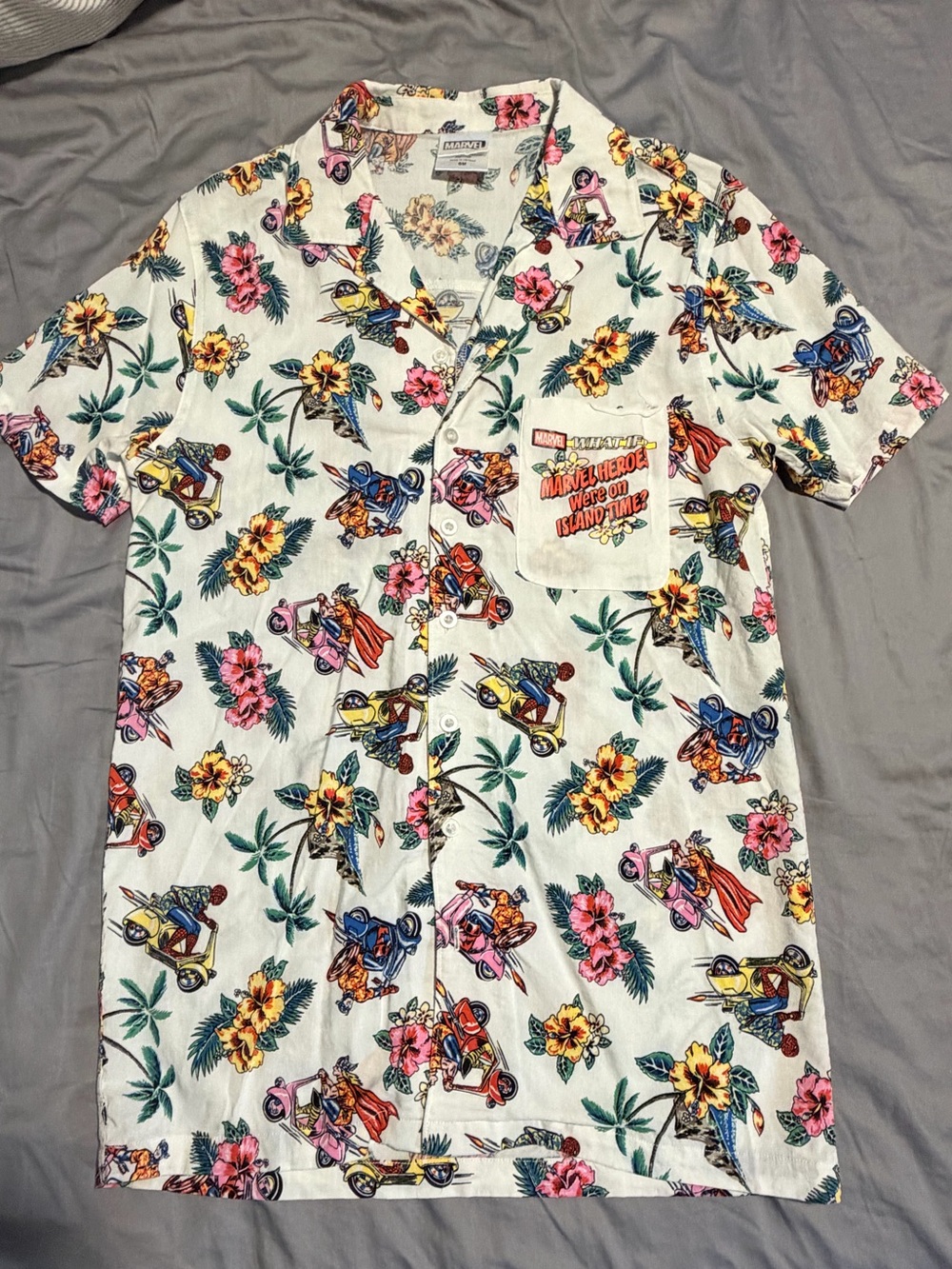 Marvel What If? Hawaiian Camp Shirt Tropical Hero Print Button Up Size Small
